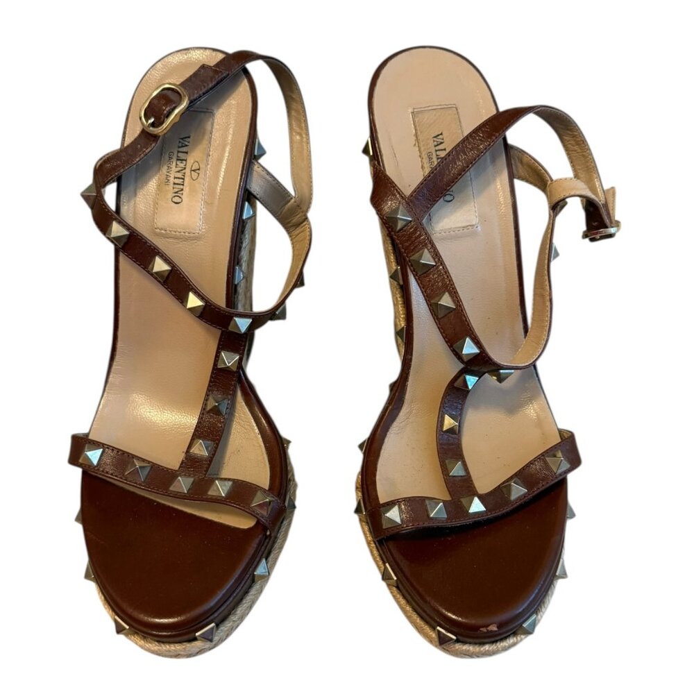 Valentino Brown Studded Wedge Sandals Leather Gold Rockstuds 39, 9